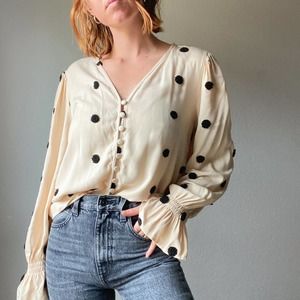 Boutique Textured Polka Dot Button Up Peasant Blouse M Creamy Beige & Black Sz M